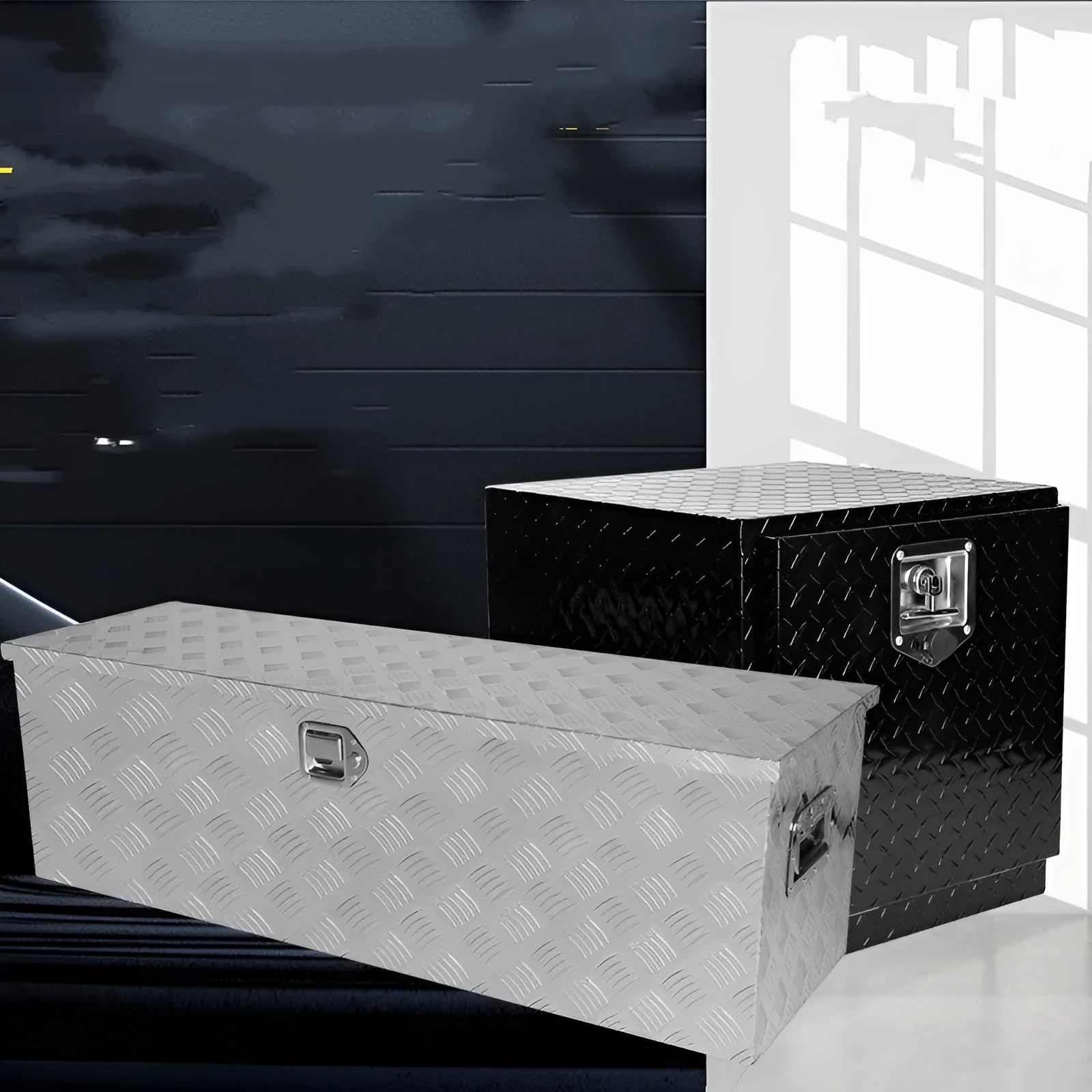 Black aluminium alloy 26-inch hard toolbox with T-casting construction.