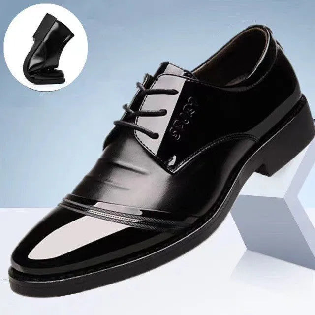 Men's casual Korean pointed leather shoes in black with stitching details and rubber sole