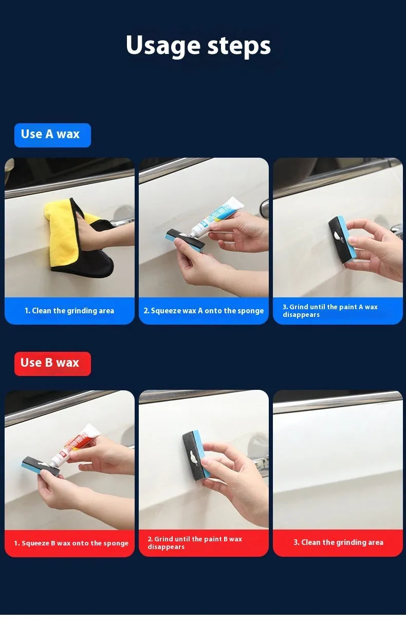 Car repair wax kit with two wax containers and frosted sponge mop for scratch removal and polishing