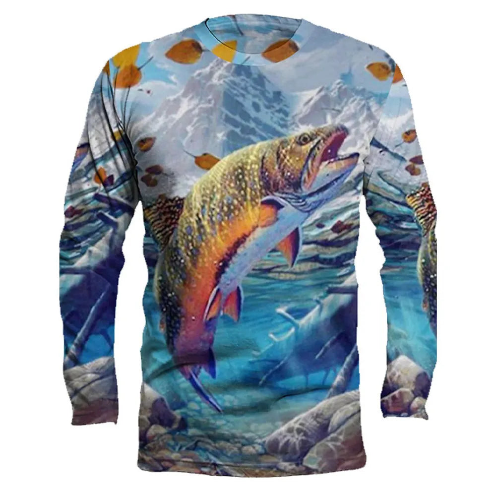 Man wearing a long-sleeved grey pullover top with a colourful fish print design on the front.