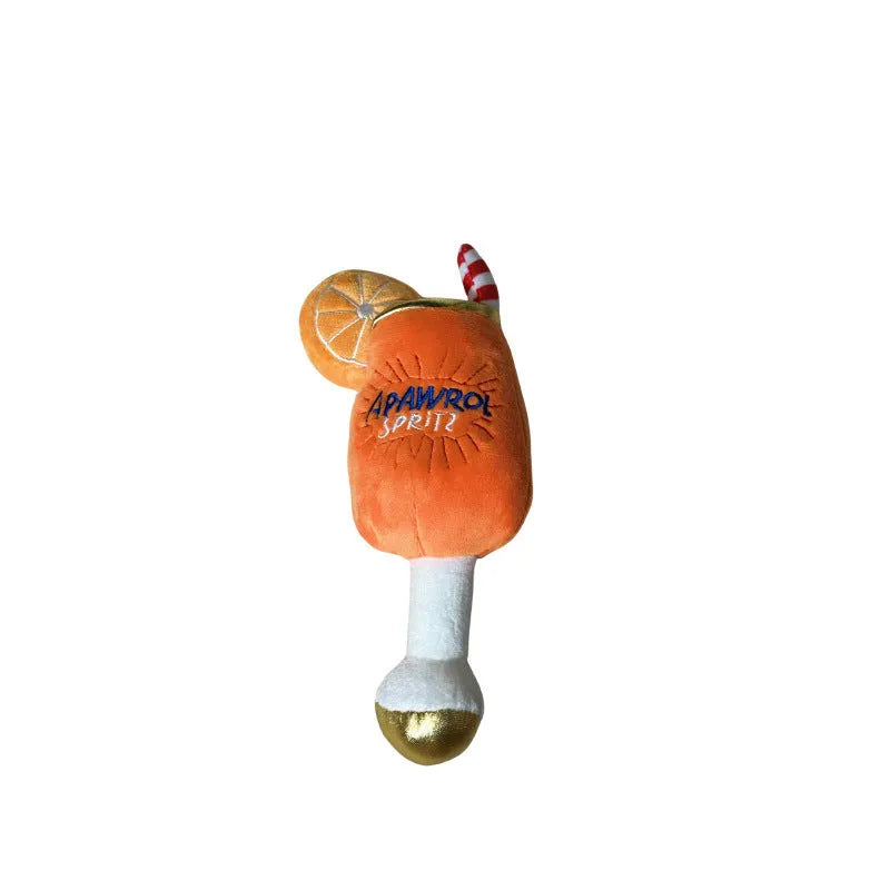 Yellow beer bottle squeaky dog chew toy with plush construction and teeth-cleaning features