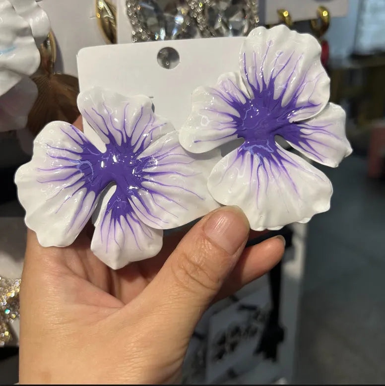 Pastoral style alloy flower stud earrings with oil-spot glaze finish in blue, green, purple, and rose colour options