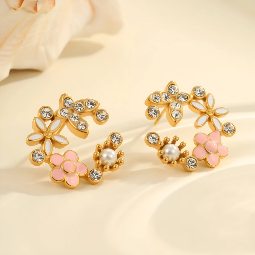 Flower stud earrings with colourful oil petal design in stainless steel with gold plating