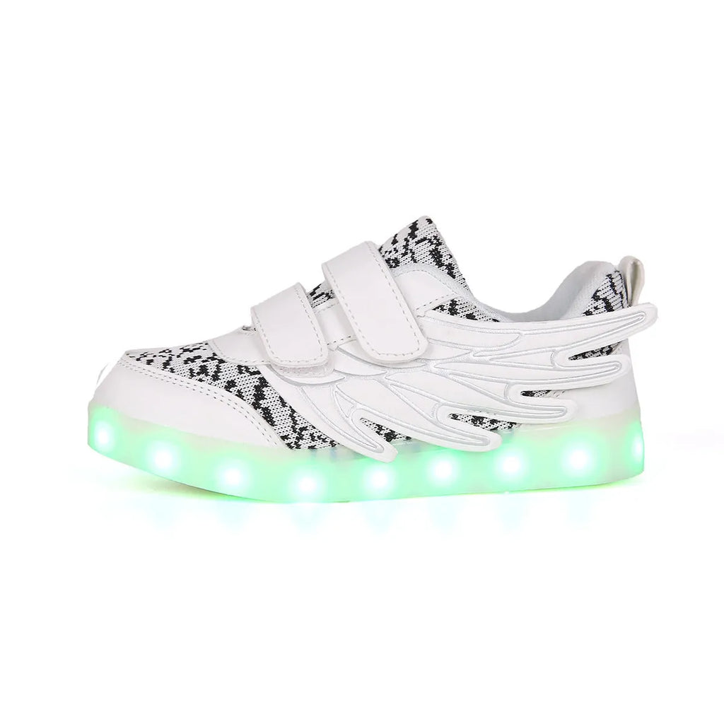 Plum red children's sneakers with illuminated LED soles and a USB charging cable.