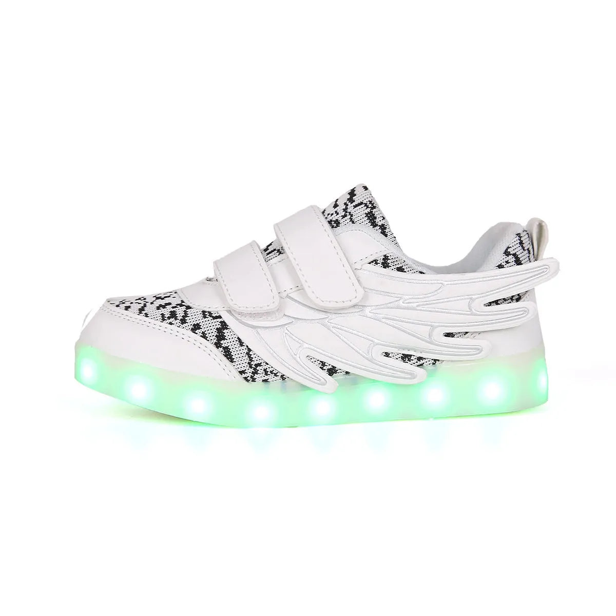 Plum red children's sneakers with illuminated LED soles and a USB charging cable.