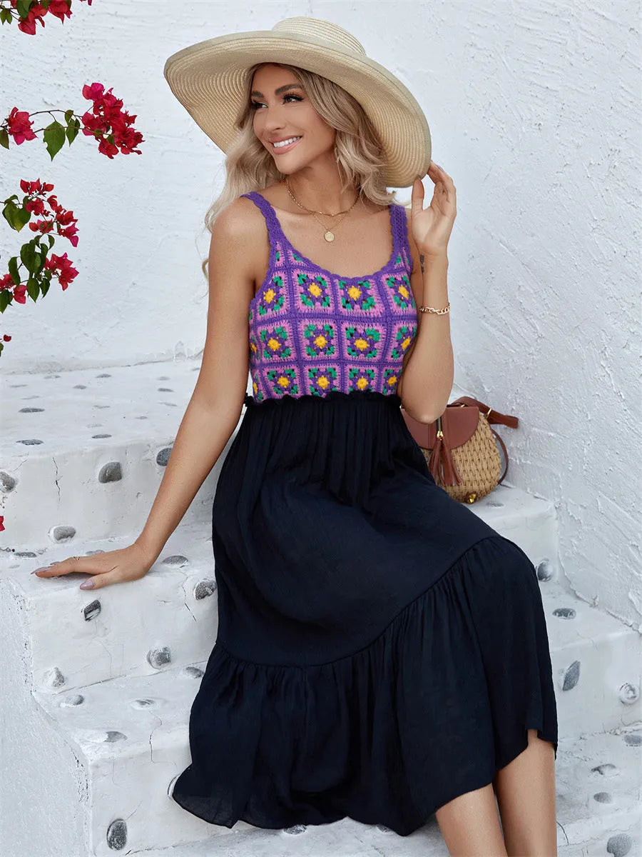 Purple hand hook flower stitching sleeveless dress with floral pattern and acrylic skirt