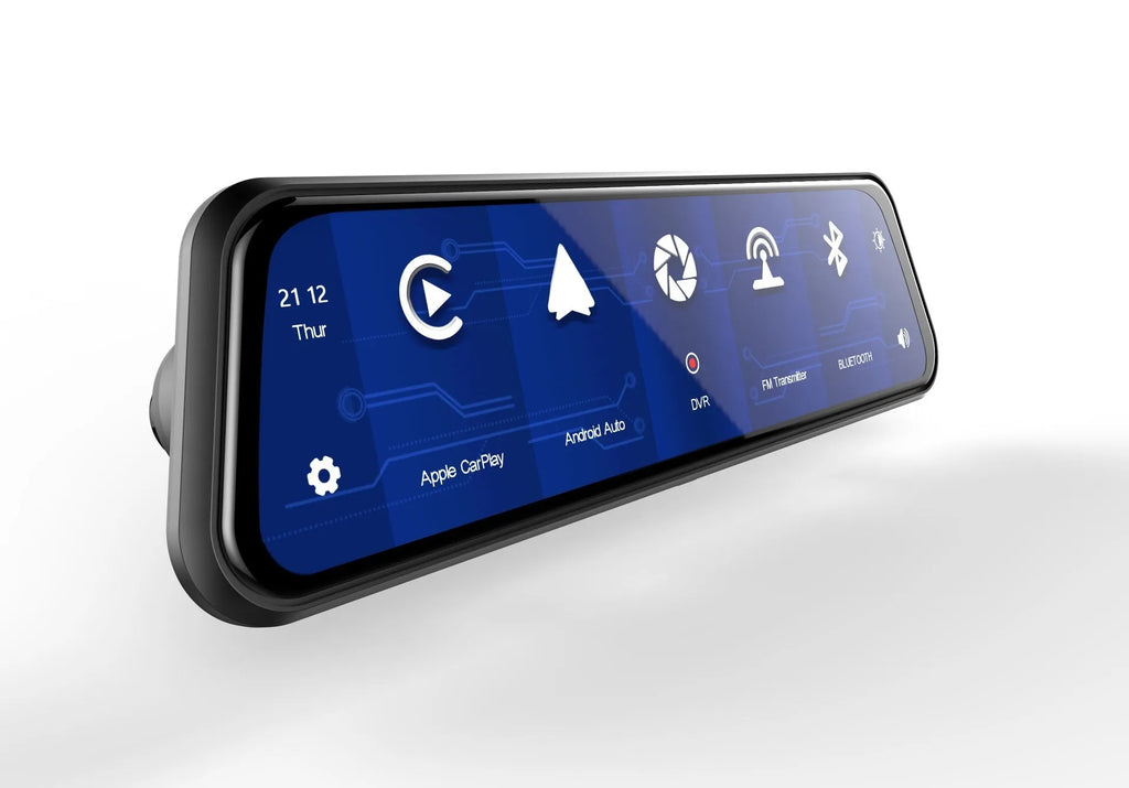 Black dual-lens driving recorder with 9.66-inch touch screen mounted on car rearview mirror.