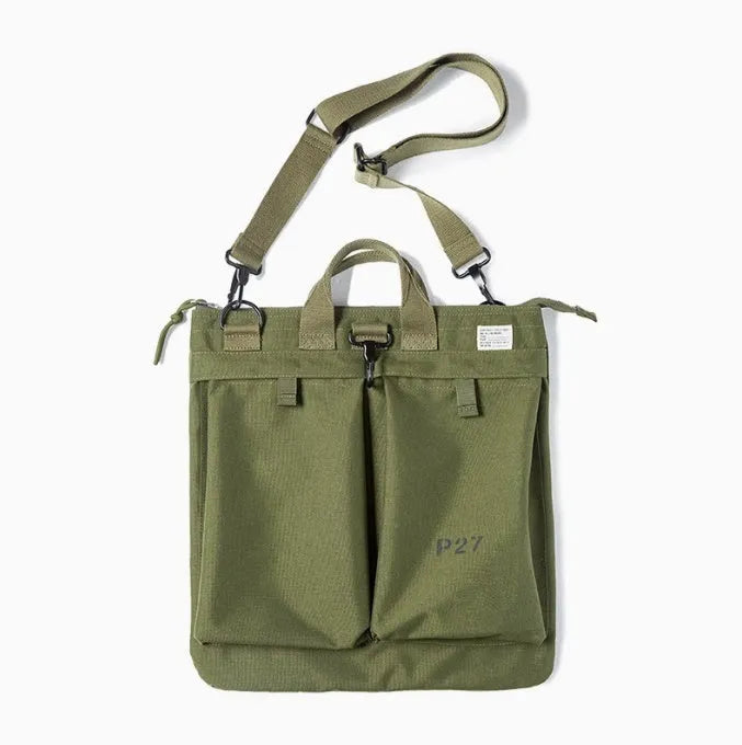 Medium nylon canvas messenger bag in military green with crossbody strap and laptop compartment