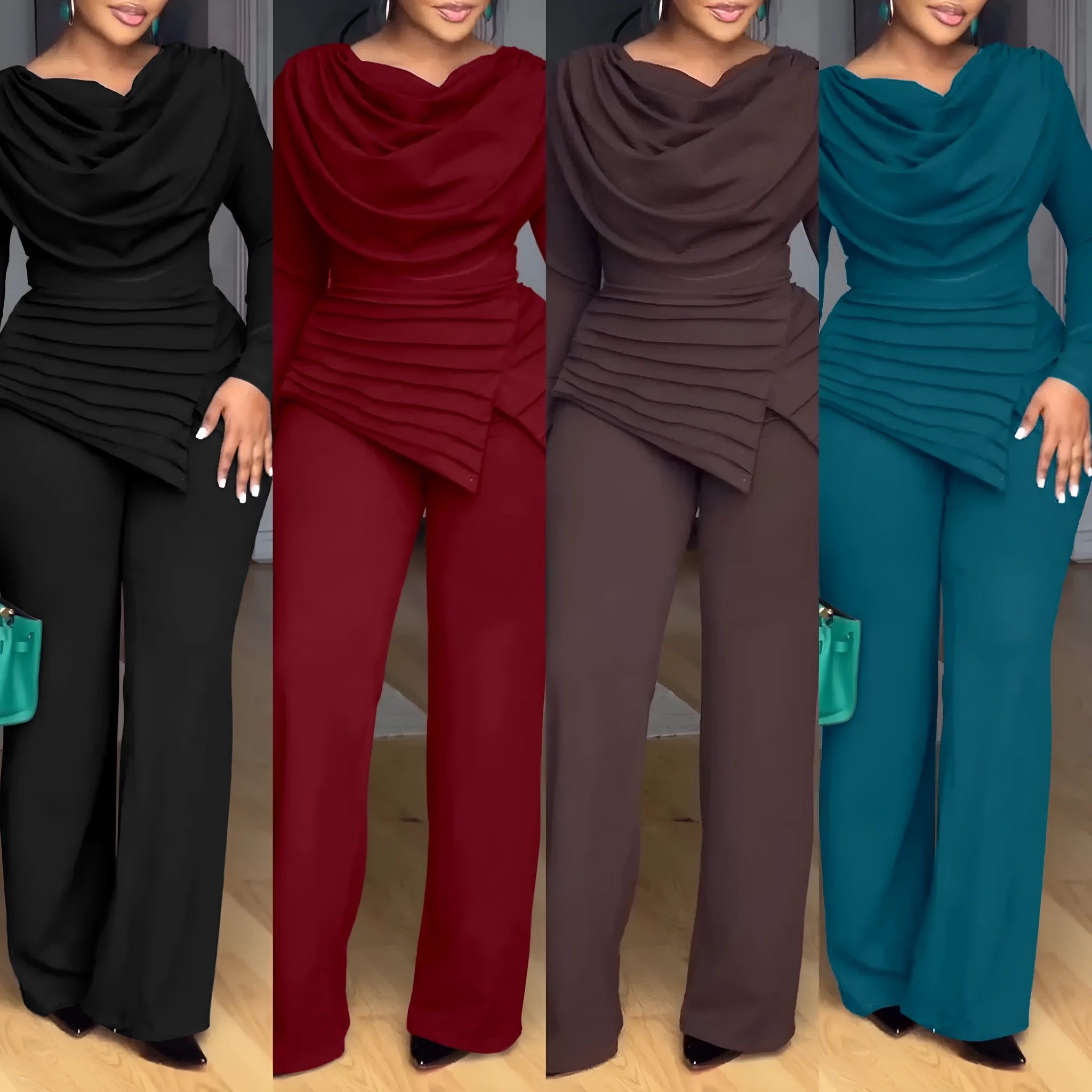 Women's high waist straight-leg jumpsuit with long sleeves and zipper detail in black colour