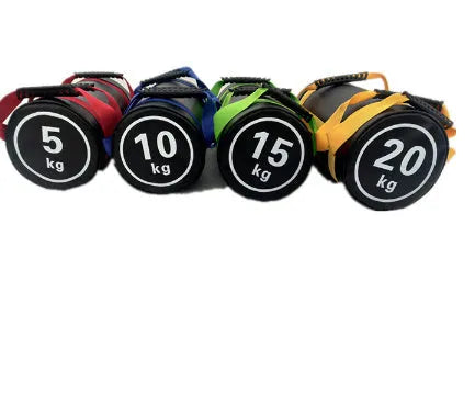 Flat white PVC fitness training sandbag for weight lifting and strength conditioning.