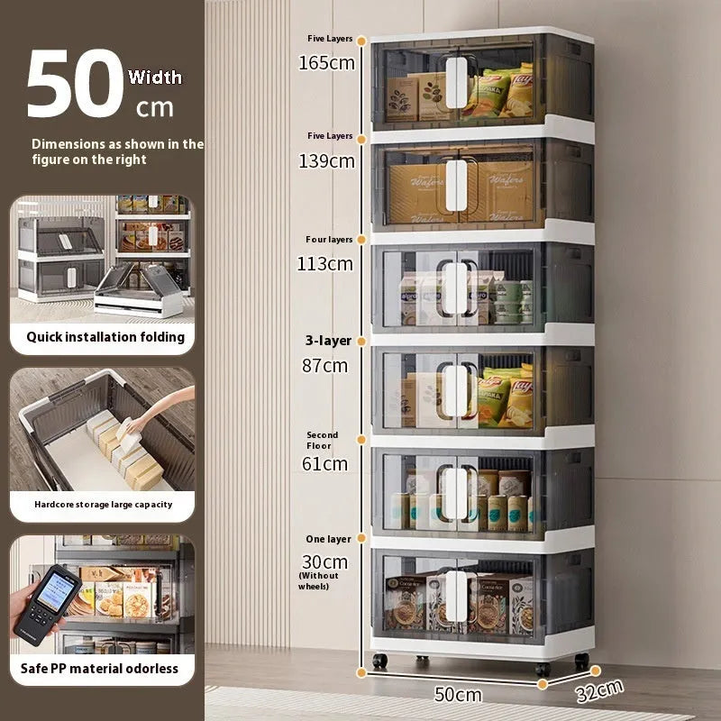 Foldable household storage locker with wheels in white or grey, showing single or double door options.