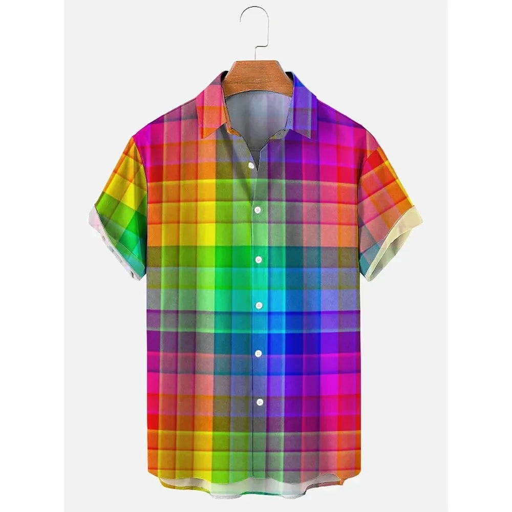 Men's striped Hawaiian casual shirt with button front and short sleeves in elastic polyester fabric
