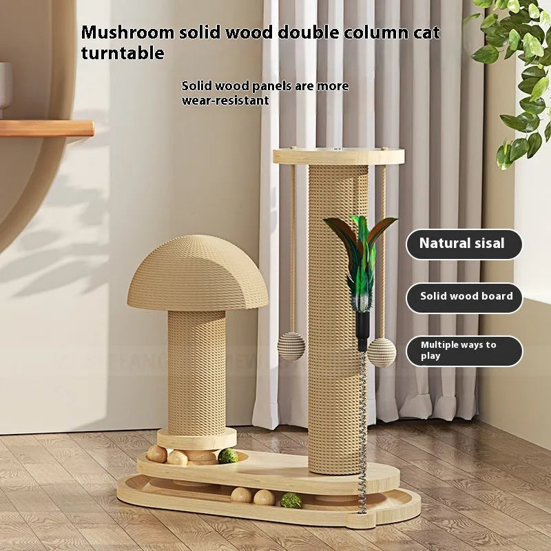 Solid wood cat scratching post with sisal rope base and central rotating turntable platform.