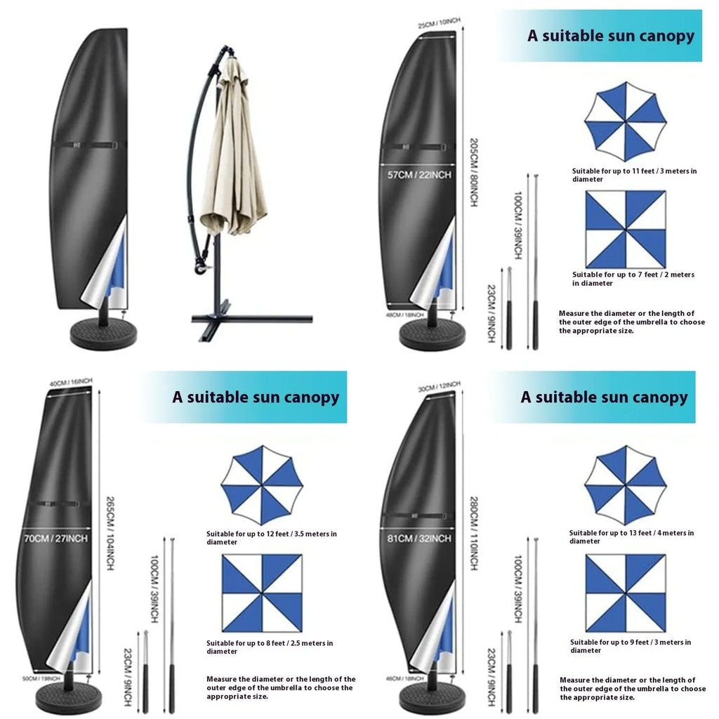 Black waterproof Oxford cloth banana-shaped cover for an offset patio umbrella.