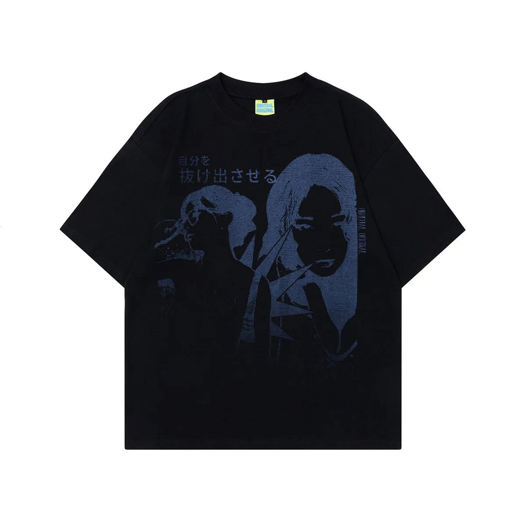 Men's grey retro graphic t-shirt with character design, loose fit and short sleeves.
