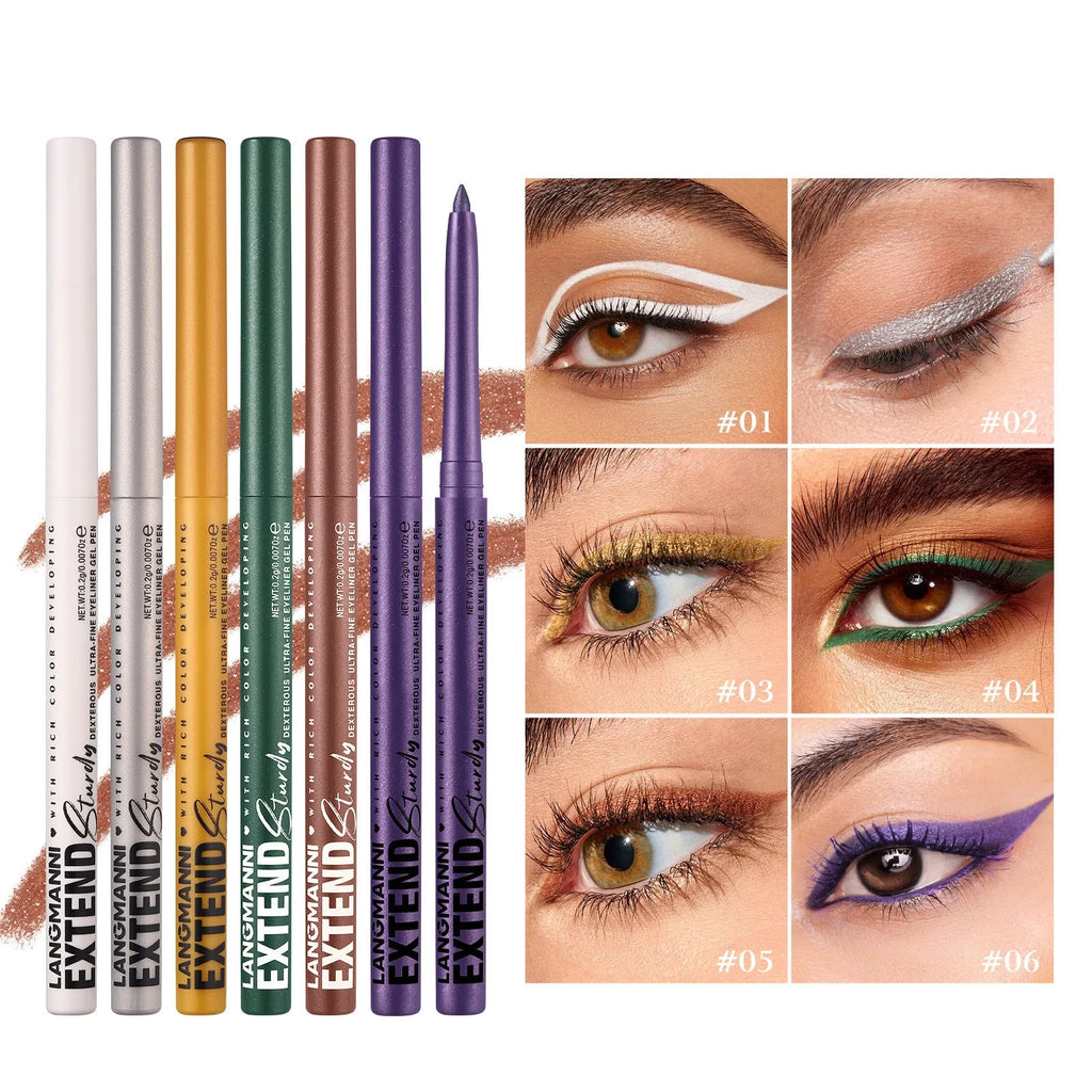 12 colourful gel glitter eyeliner pencils showing matte, glitter, metallic and pearl finishes for waterproof makeup