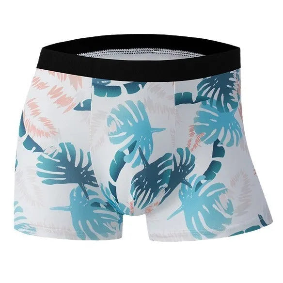 Men's ice silk underwear with fashion printing in mid waist design showing breathable polyester fabric