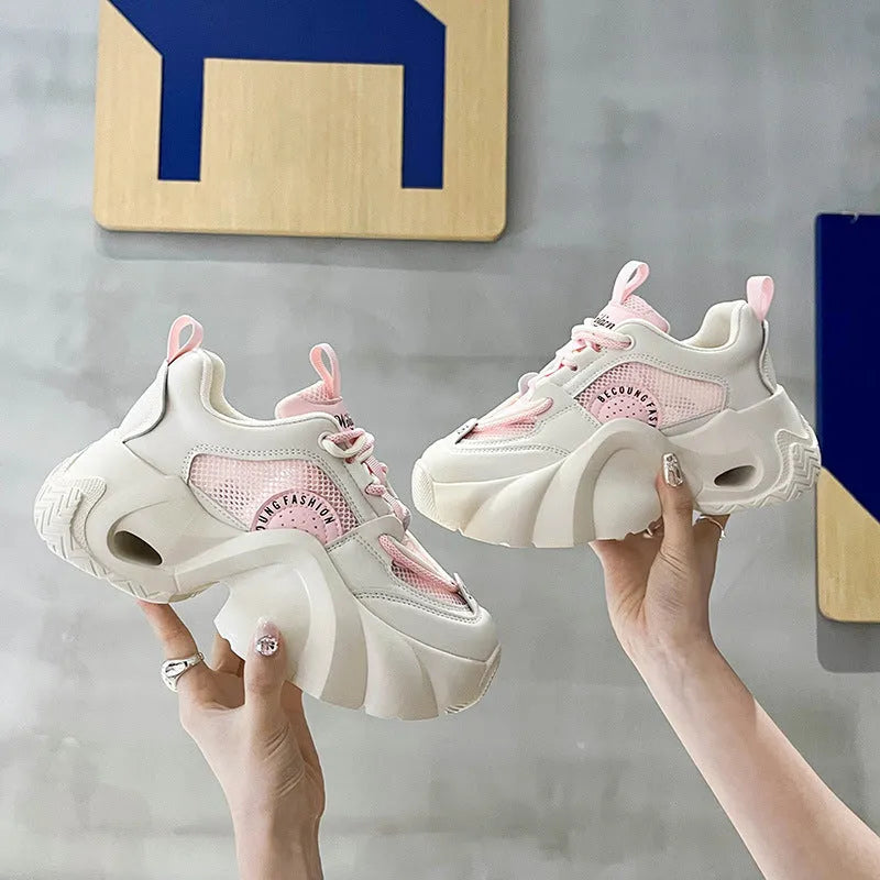 Women's pink casual sneakers with cross shoulder straps and thick sole