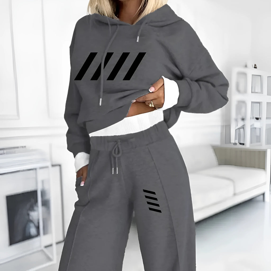 Women's casual hooded sweatshirt and jogger set in dark gray polyester