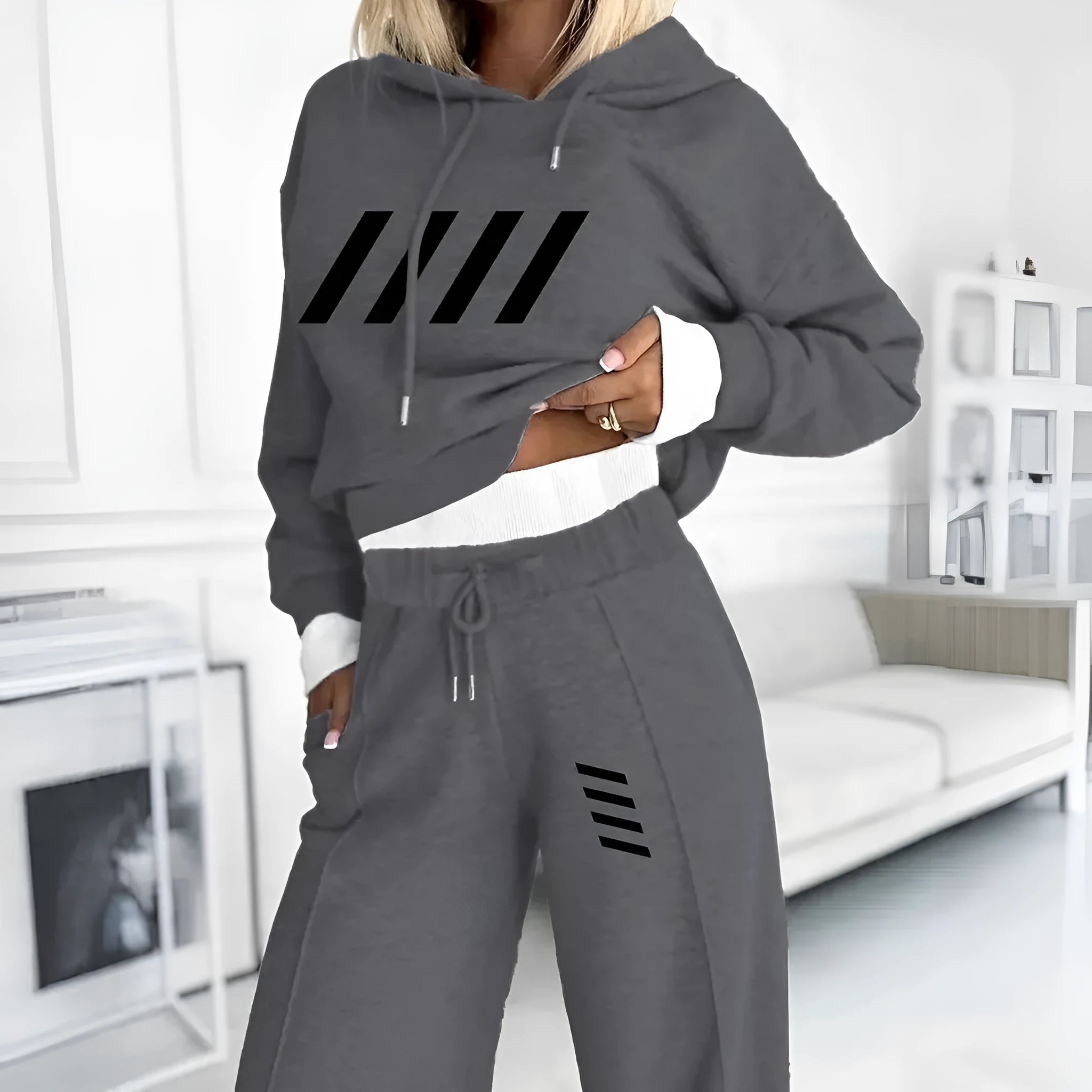 Women's casual hooded sweatshirt and jogger set in dark gray polyester