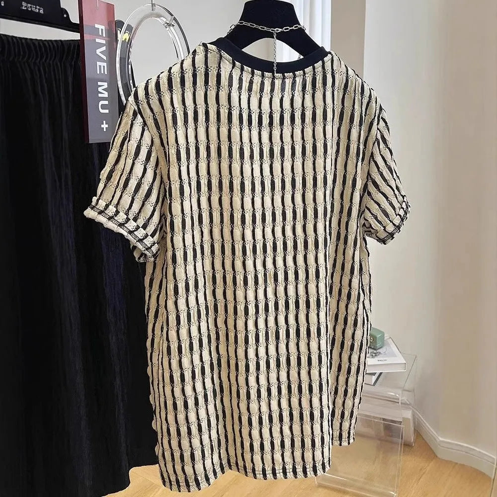 Men's black striped loose short sleeve top in silk and linen blend fabric