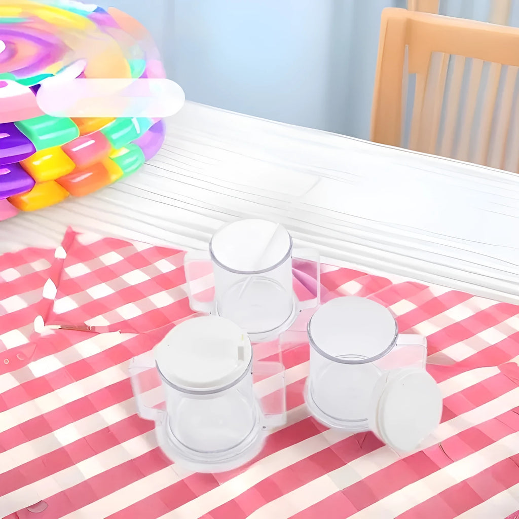 Transparent spill-proof plastic drinking cup showing 14cm height and 12cm diameter
