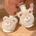 Women's cartoon cute plush slippers in khaki colour with suede upper and round toe.
