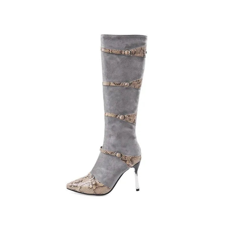 Women's grey knee-high high-heel boots with a thin 9cm heel and a 33cm shaft.