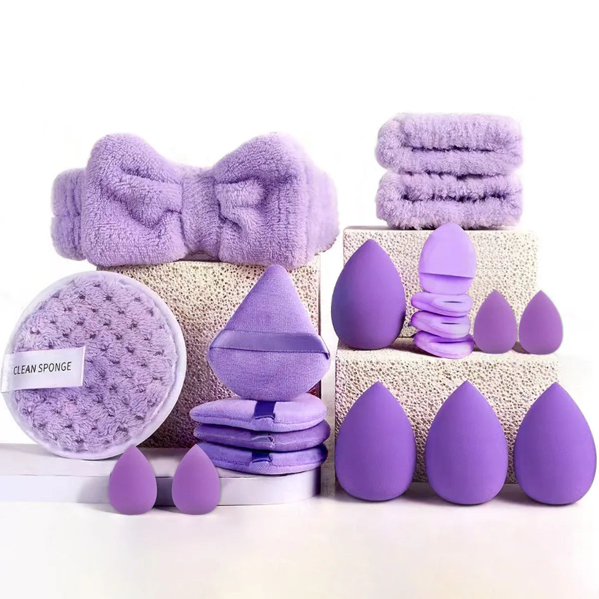 Hydrophilic non-latex beauty tools combination suit with multiple pieces for face wash and makeup application