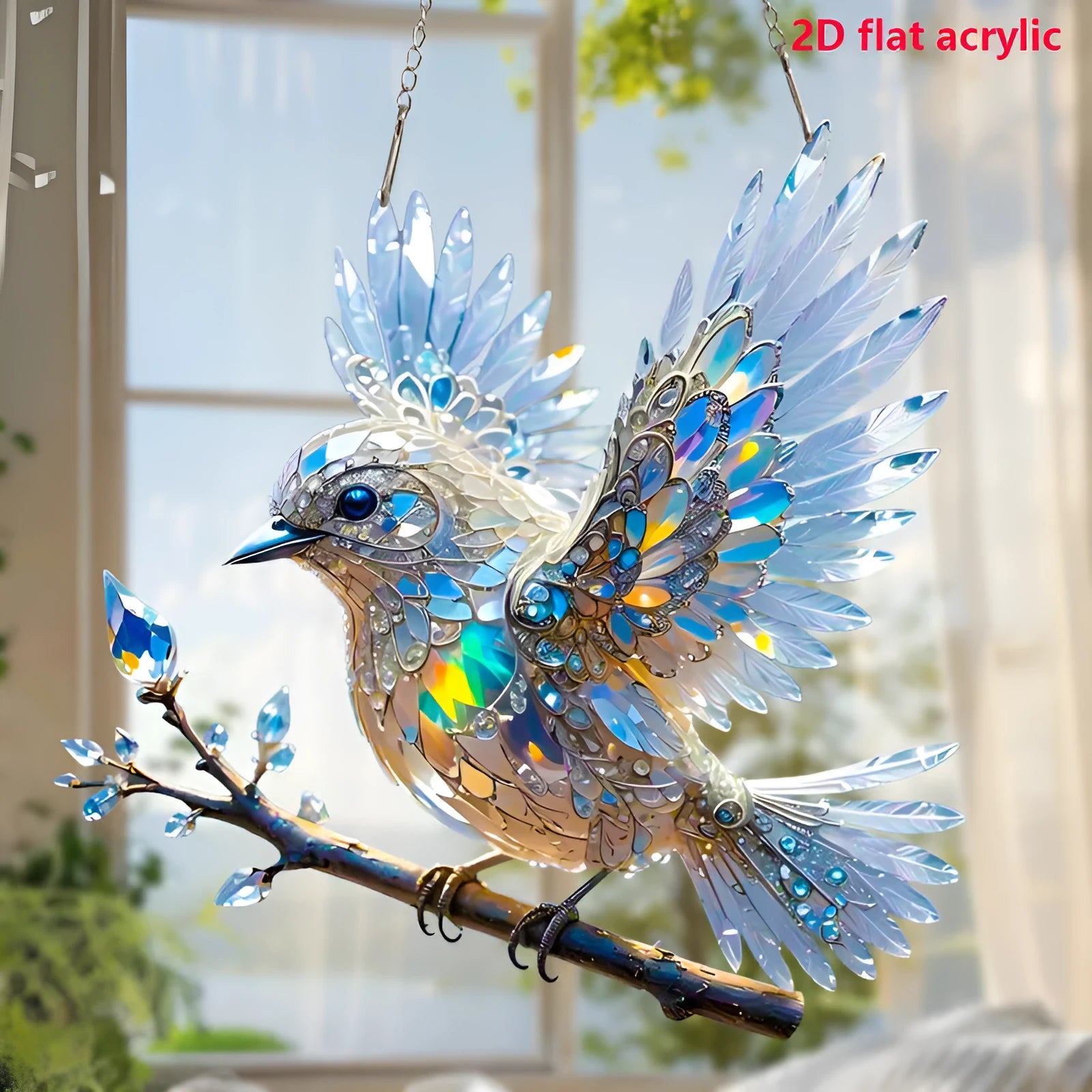 Square acrylic bird pendant ornament with UV printed cartoon design, shown in 15cm and 20cm sizes.