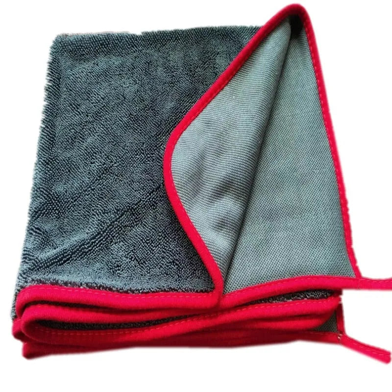 Grey automobile cleaning cloth with spiral hair surface and hemmed edges in multiple size options
