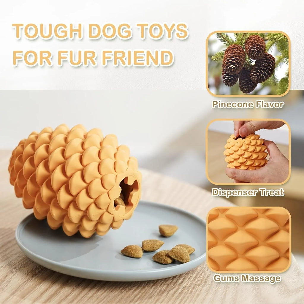Yellow pine cone shaped natural rubber dog chew toy with treat dispenser hole, for medium and large breed dogs.