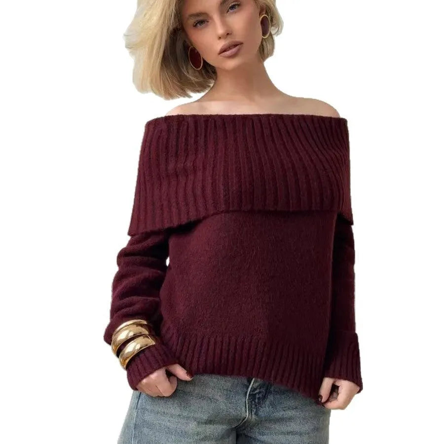 Grey off-the-shoulder strapless pullover sweater with a 3D pattern on a model.