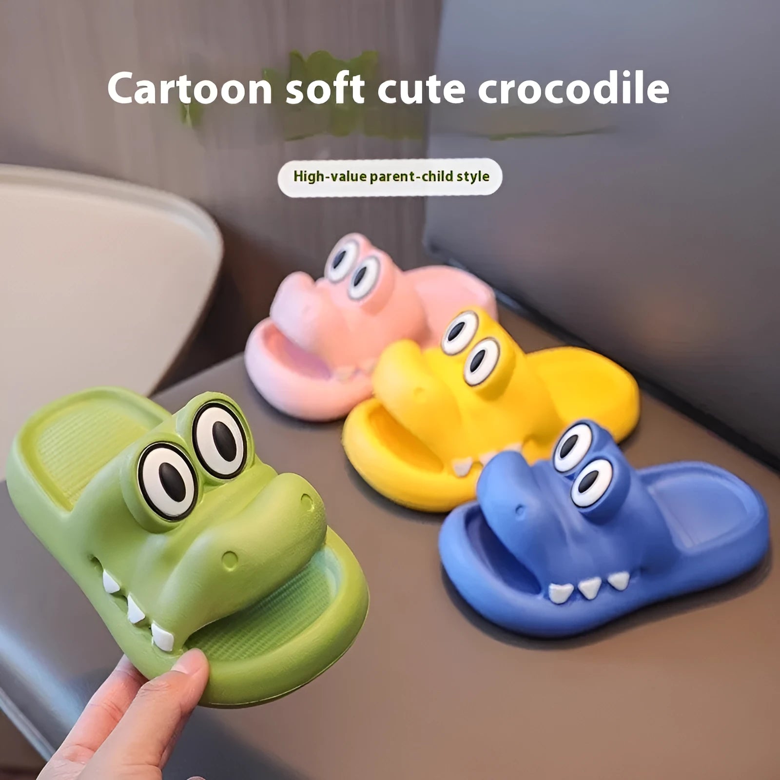 EVA parent child sandals in animal pattern design, colours: pink, green, yellow, blue, for family beach outings.