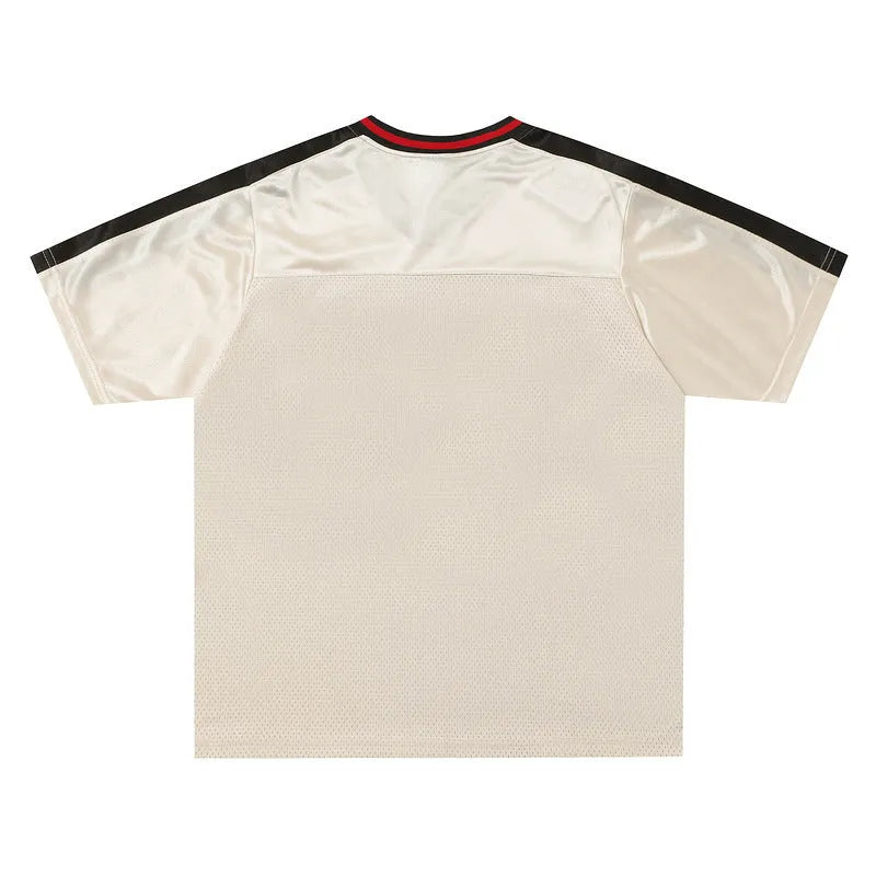 Apricot V-neck casual top with letter pattern and drop-shoulder sleeves