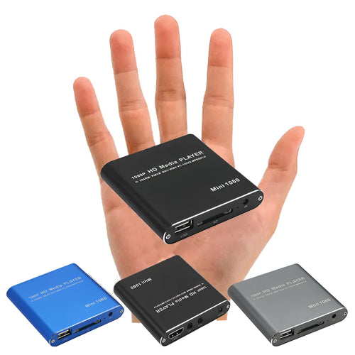 Blue and black 1080P Full HD media player with compact metal housing