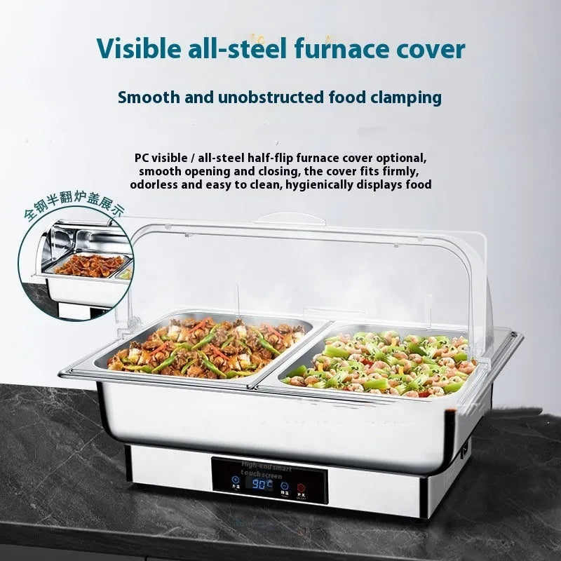 Stainless steel electric buffet stove with transparent flip lid showing food inside, LCD temperature display