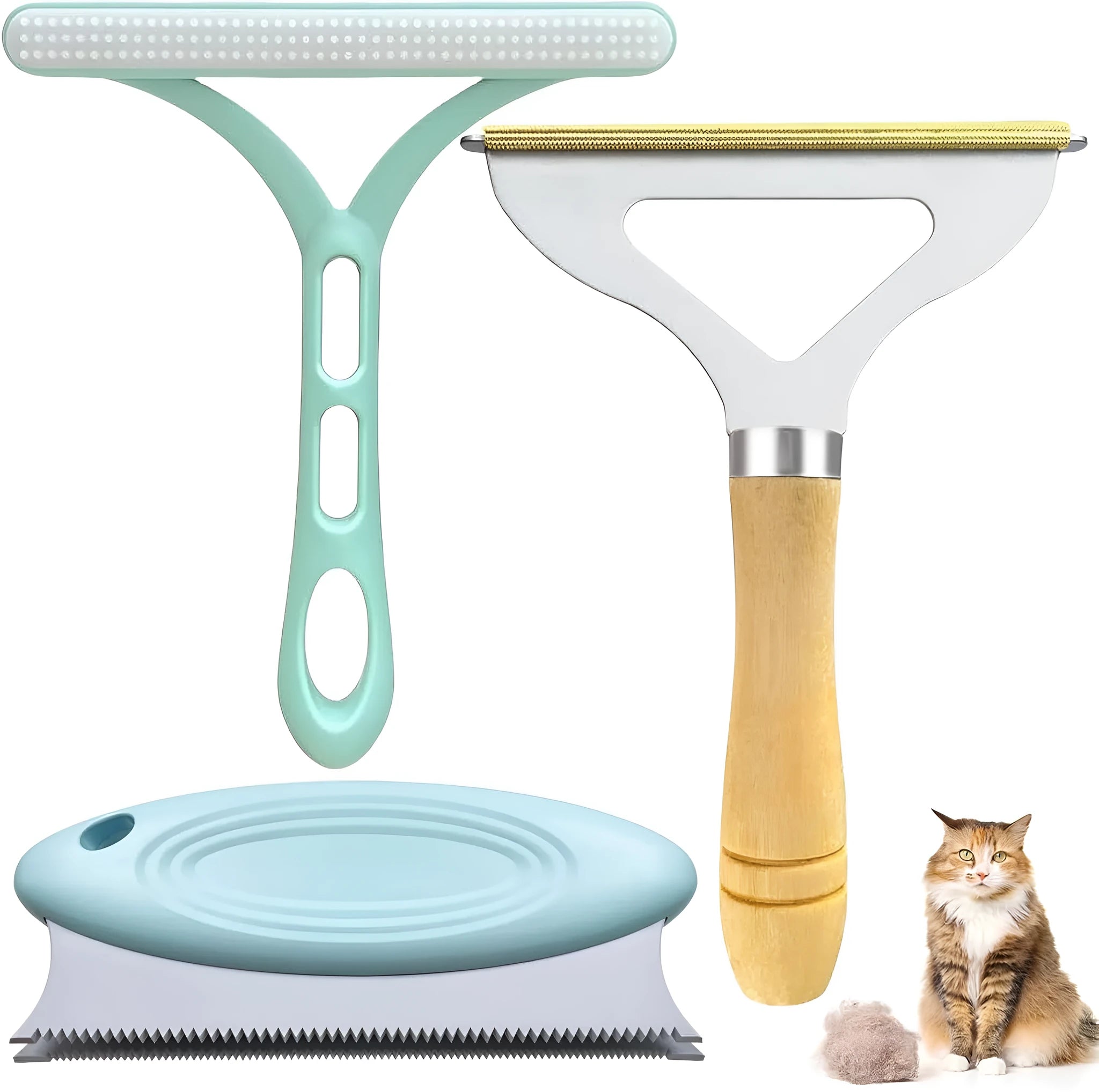 Three-piece pet hair remover set with metal tool, silicone brush, and round cleaner on a fabric surface.