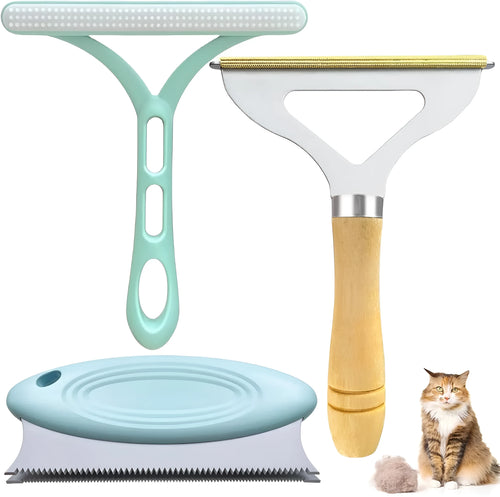 Three-piece pet hair remover set with metal tool, silicone brush, and round cleaner on a fabric surface.