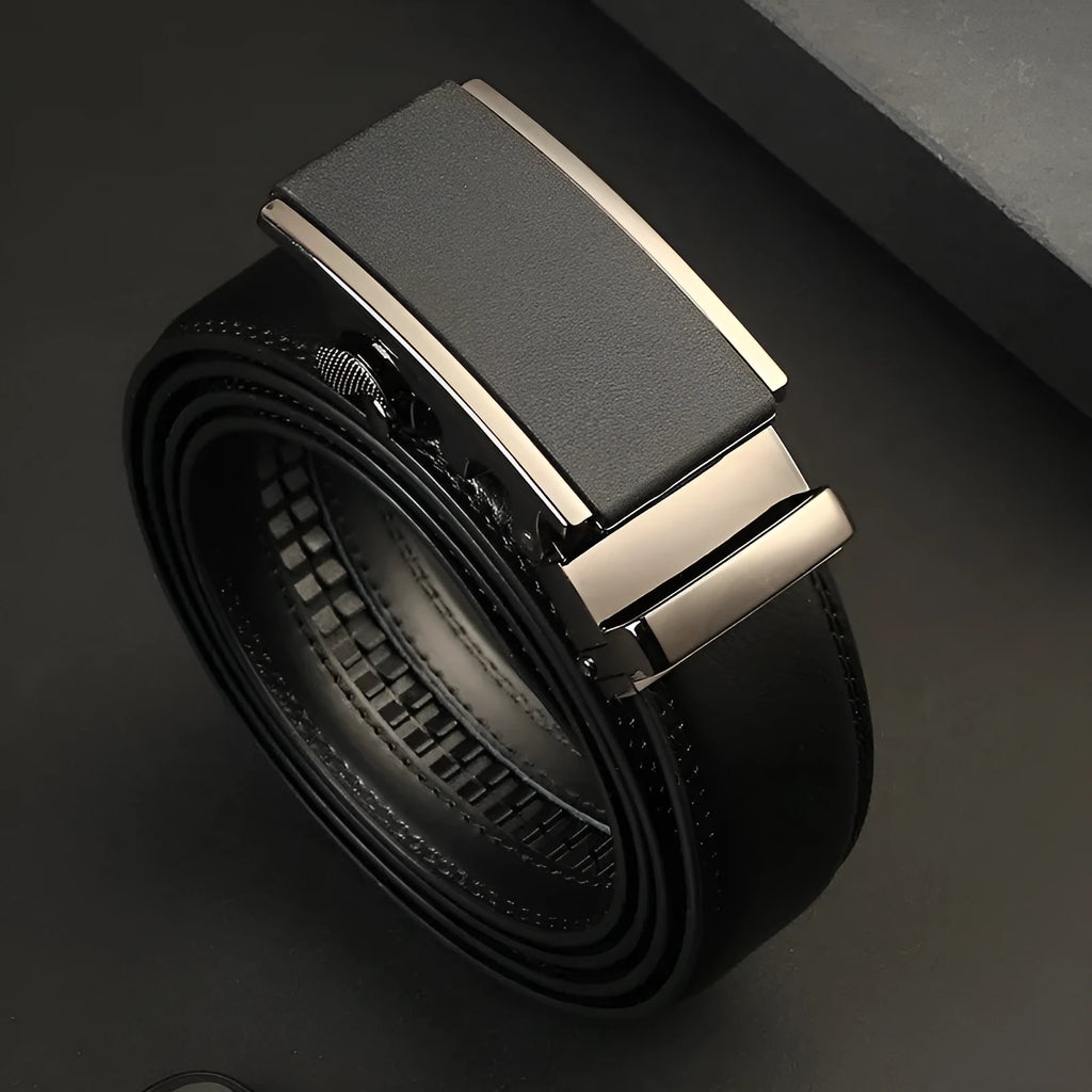 Men's genuine two-layer cowhide leather automatic buckle belt with embossed patent finish and electroplated alloy buckle