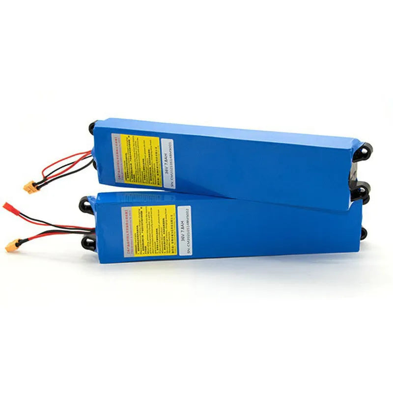 A 36V lithium-ion battery pack for electric scooter replacement, showing labels for 6.6Ah, 7.8Ah, and 10.4Ah options.