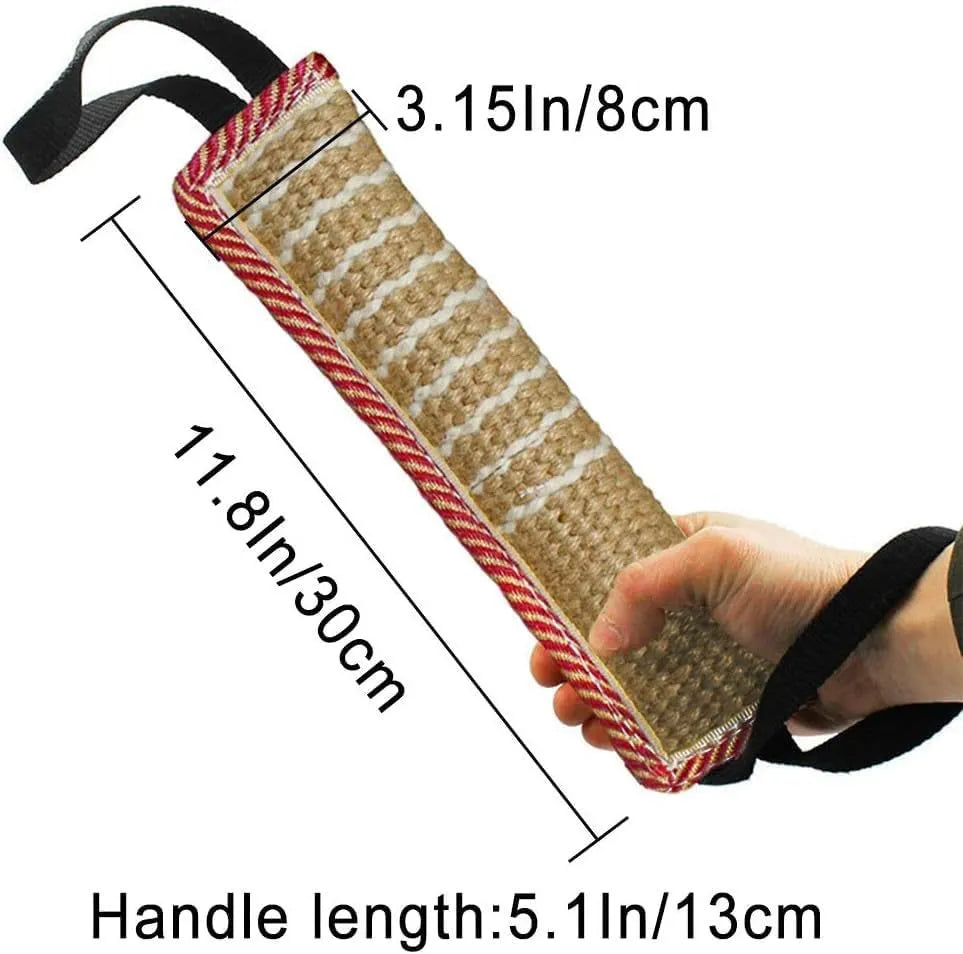 Beige jute dog tug toy with two handles showing double stitching details