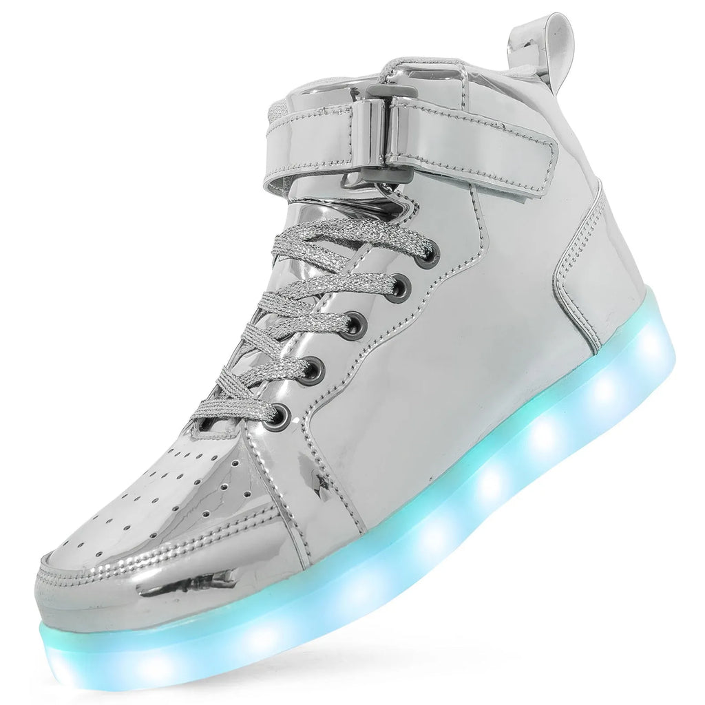 Light-up high-top board shoes with Velcro strap and rechargeable LED lights on display