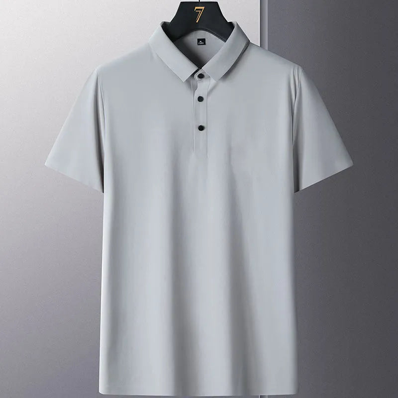 Men's solid colour short sleeve non-ironing business shirt on a hanger.