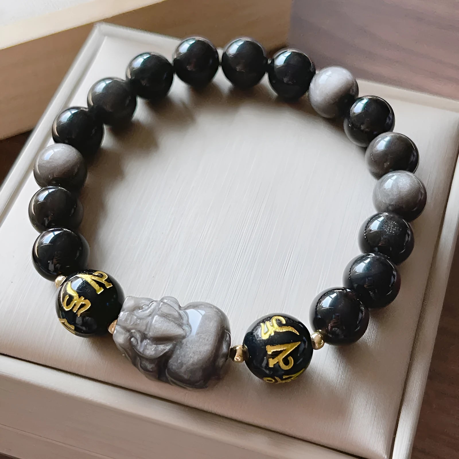 Men's silver bracelet with engraved zodiac symbols and Chinese proverbs on silver stone beads