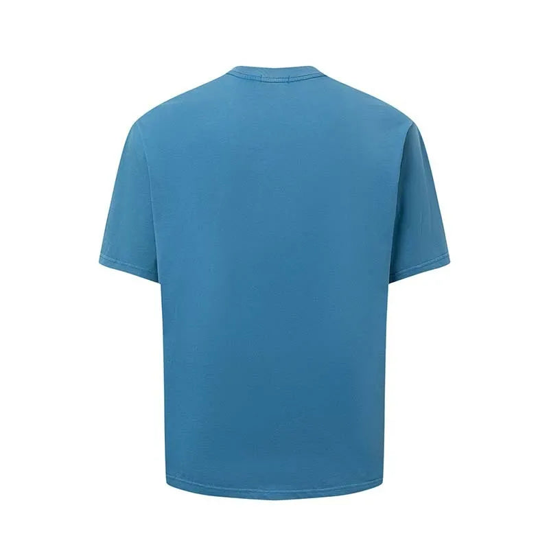Men's blue American-style letter printed round neck T-shirt, loose fit