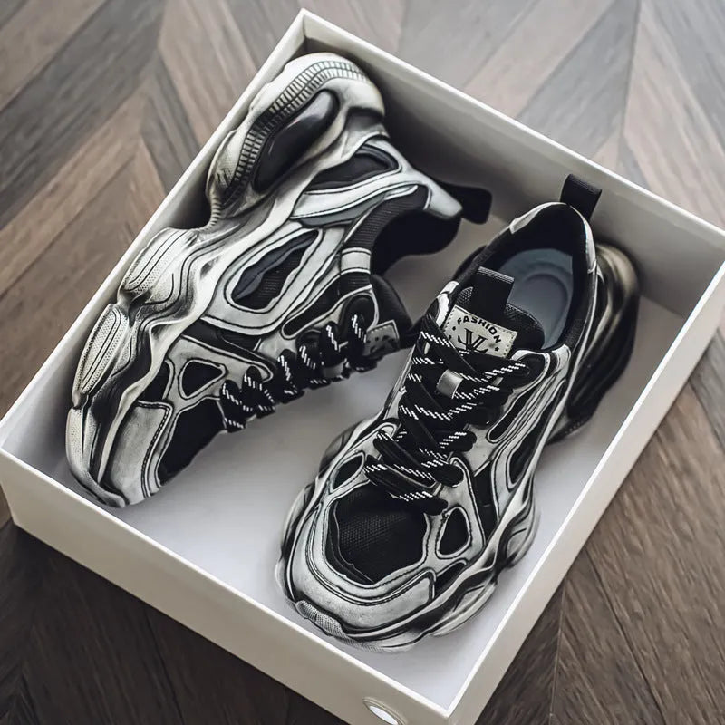Men's black, grey, or white mesh sneakers with platform sole and lace-up front.