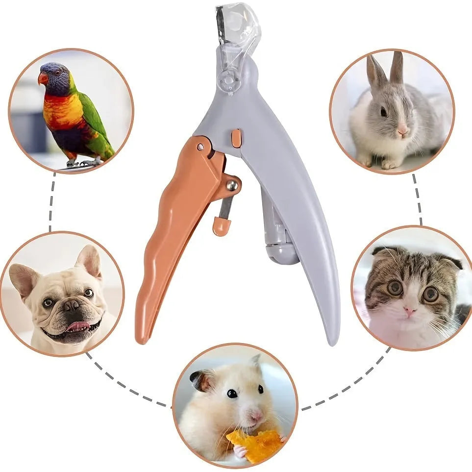 Yellow LED pet nail trimmer with magnifying glass, showing the cutting head and ergonomic handle.