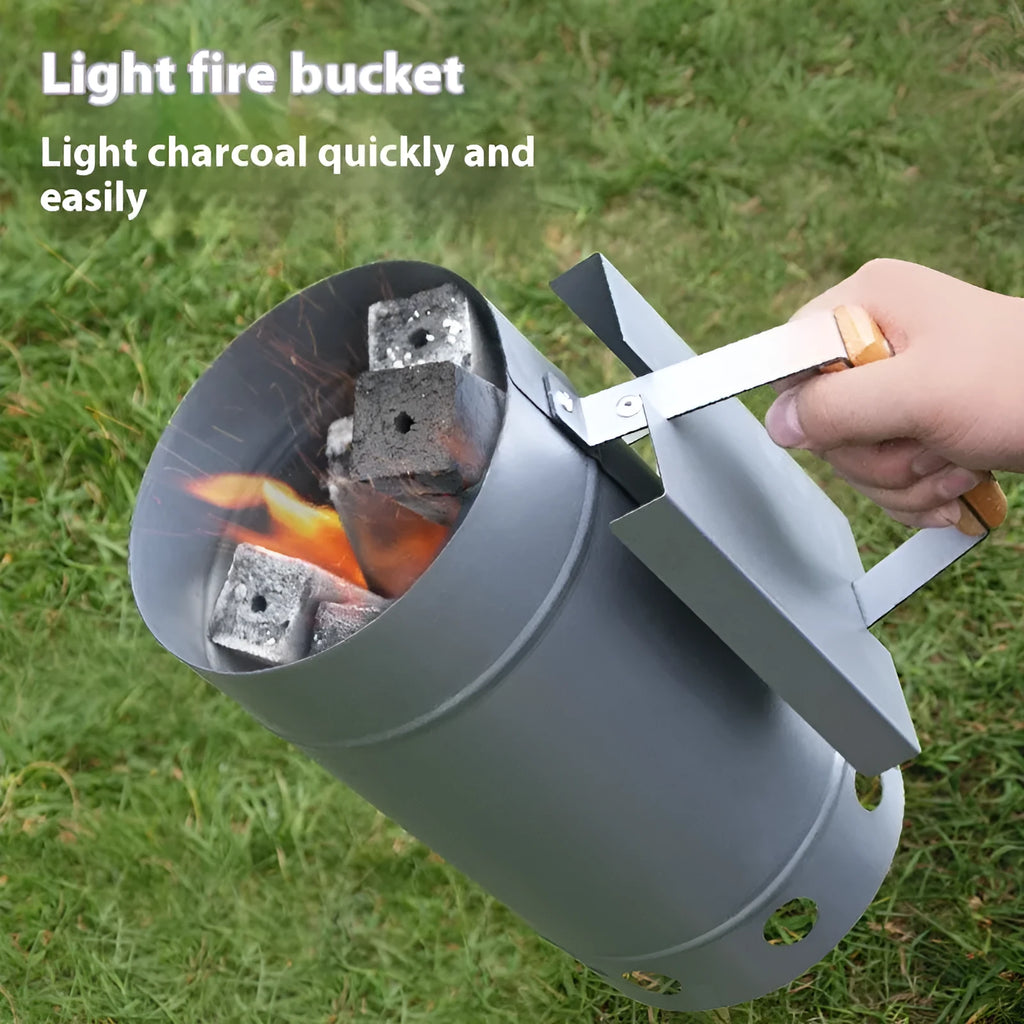 Outdoor barbecue charcoal fire starter in carbon barrel style with zinc-iron alloy construction
