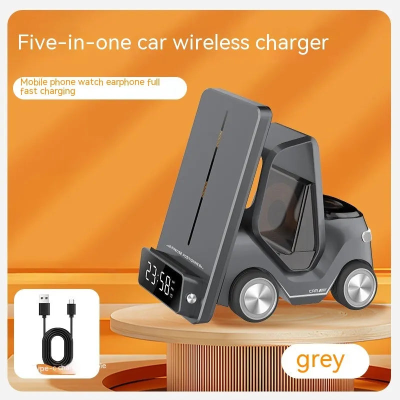 Grey 15W three-in-one wireless charging stand holding a phone, watch, and earbuds